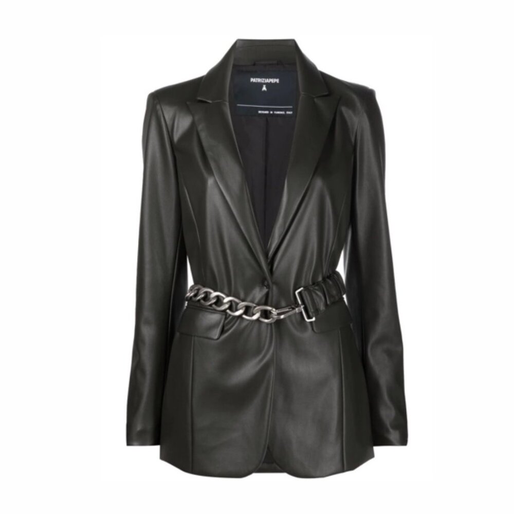 FREE SHIPPING! PATRIZIA PEPE ITALY - Black Vegan Leather Blazer with Chain Belt